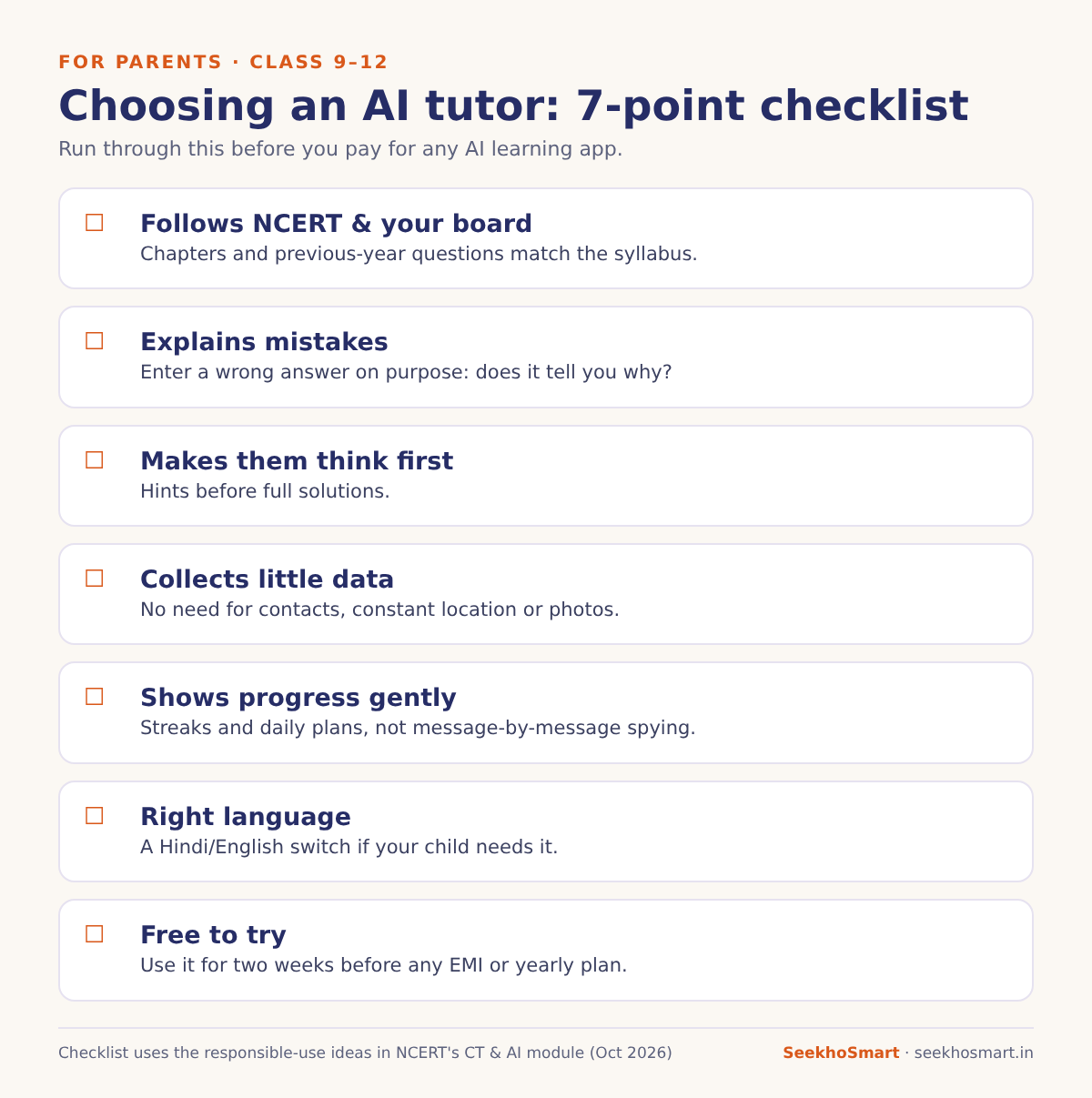 Seven-point checklist for parents choosing an AI tutor app.