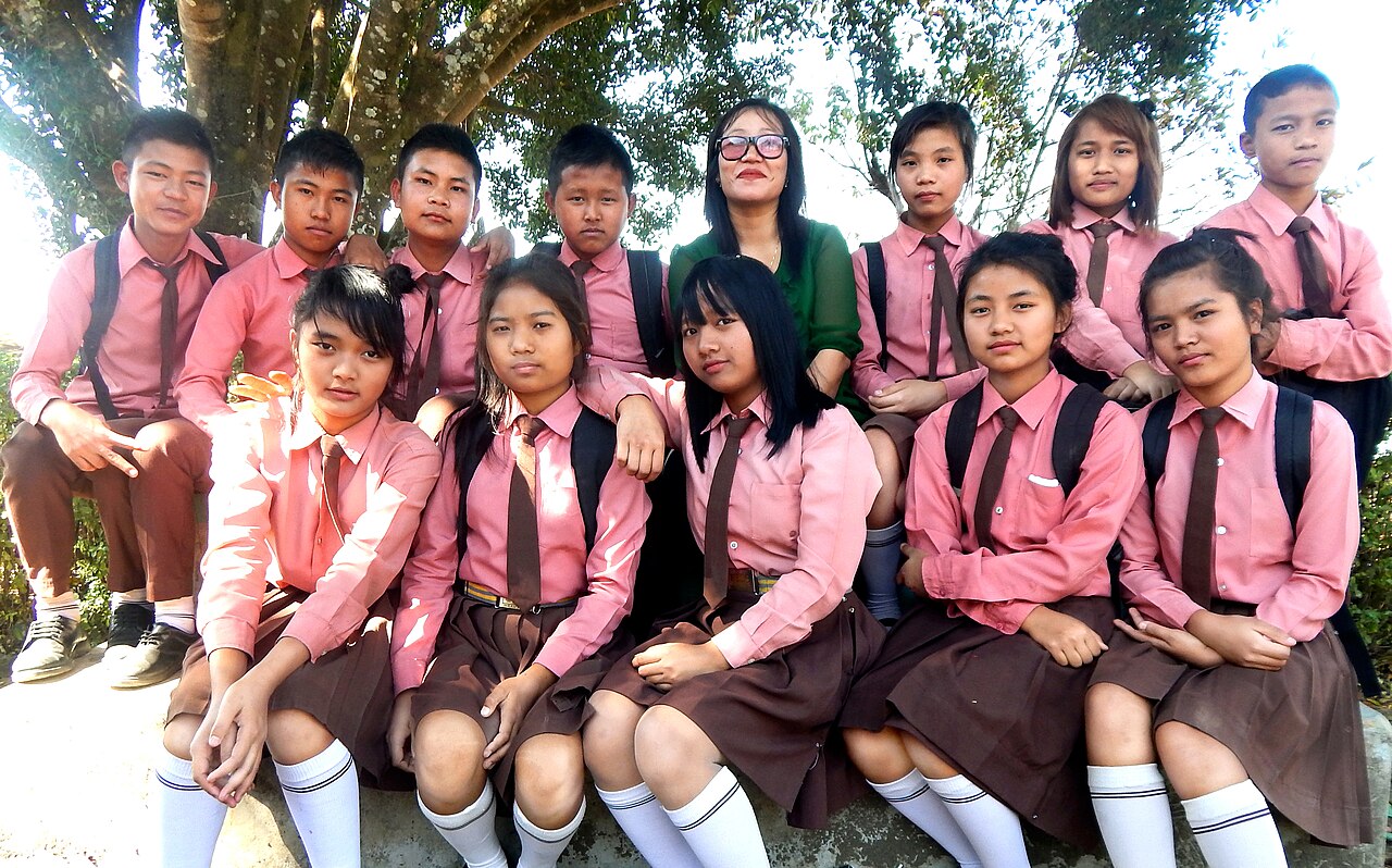 Indian school students with their teacher in Hnahthial, Mizoram