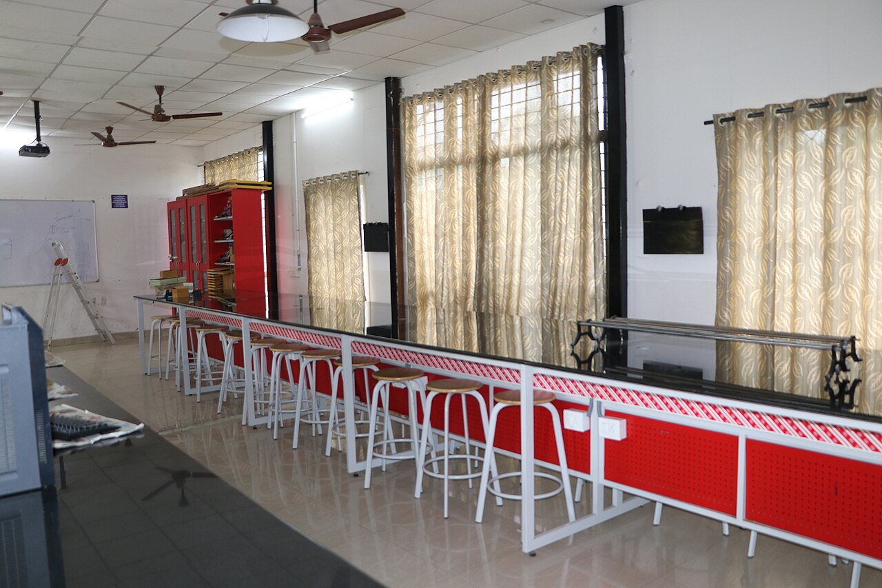 A school physics laboratory in India with long lab benches and stools